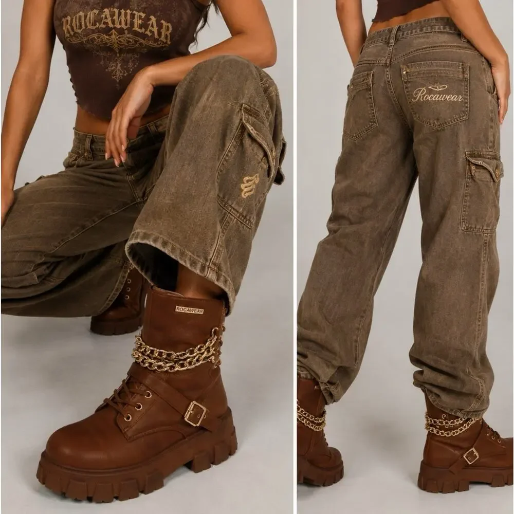 Rocawear Women’s Size 7 Brown Combat Boots Y2K Chain Buckle Platform Lug Sole